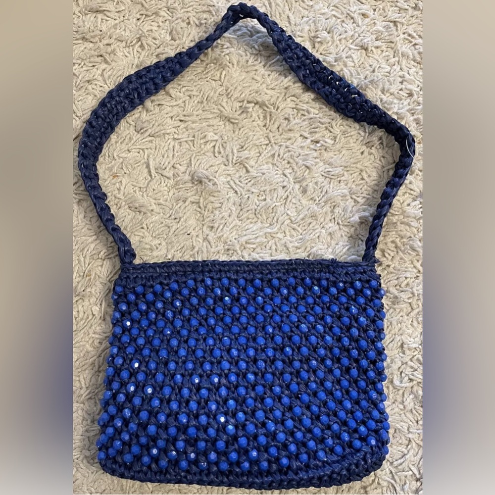 ADG vintage blue beaded straw shoulder bag